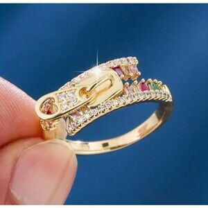 Unique Gold Zipper Ring Multicolored Baguette Stones Size 8